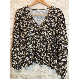 bohme Black Floral V-Neck Peplum Blouse